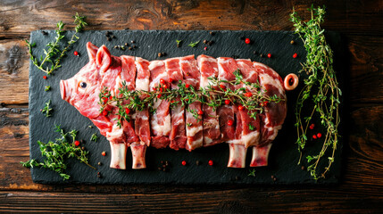 Decorative arrangement of fresh pork cuts with herbs on a slate board during a culinary preparation