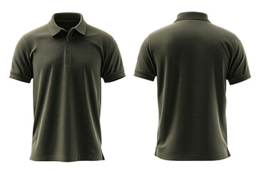 Front and back view of a dark olive green polo shirt