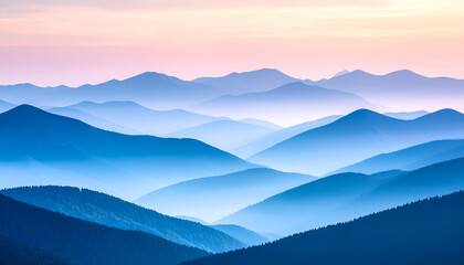 Layered mountain silhouettes with thick fog and pastel morning sky