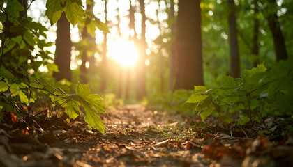 Low-angle view of sunlight breaking through leaves, warm golden hour tones
