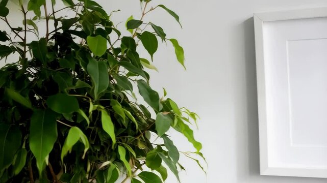 Square white picture frame hanging on a plain white wall with green plant as a minimal interior decoration element.