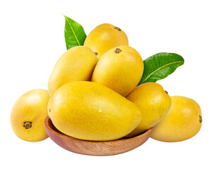 Fresh ripe mangoes in a wooden bowl, with green leaves as accent, isolated on white.