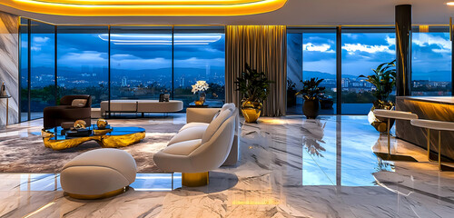 Fototapeta premium A high-end open-space lounge with transparent exterior walls, reflective stone flooring, and modern furnishings lit by warm golden tones to create a sophisticated and elegant setting