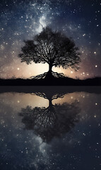 Starry Night Sky with Tree Silhouette and Water Reflection – Tranquil Nature Landscape