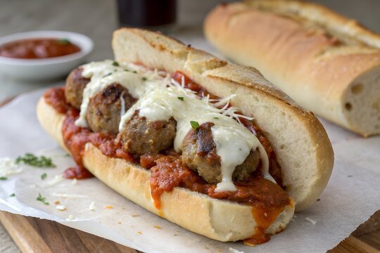 Delicious meatball sub with melted cheese and marinara sauce