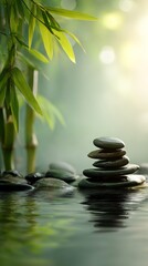 Fototapeta premium Peaceful Stones Balanced Near Calm Water With Bamboo in a Serene Natural Setting.