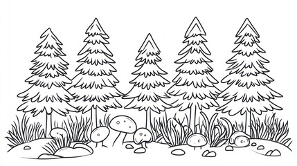 Simple black-and-white illustration of a forest scene.  Four stylized pine trees stand in a row, with small mushrooms and low-lying grasses at their base.  Rocks are visible