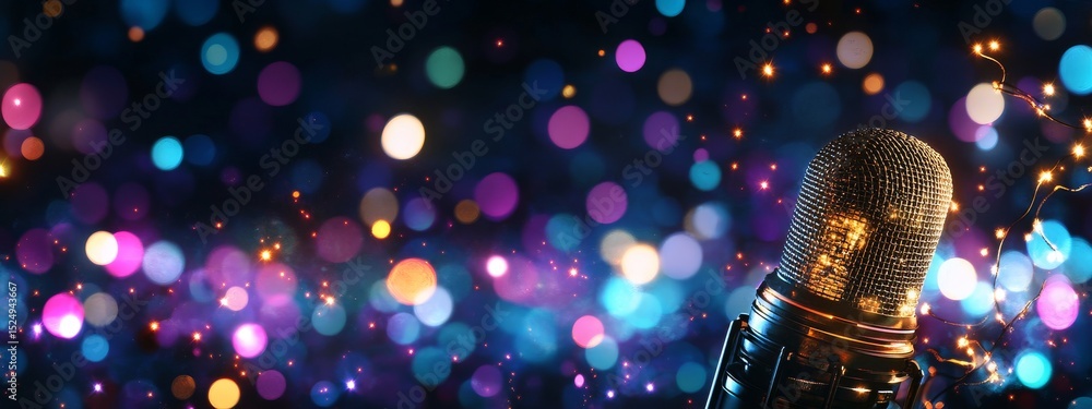 Aufkleber colorful bokeh background with a microphone ready for a live performance at an evening event