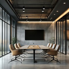 Modern conference room with large screen, wooden table, and comfortable chairs