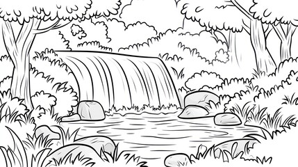 Black and white drawing of a tranquil waterfall scene in a lush forest