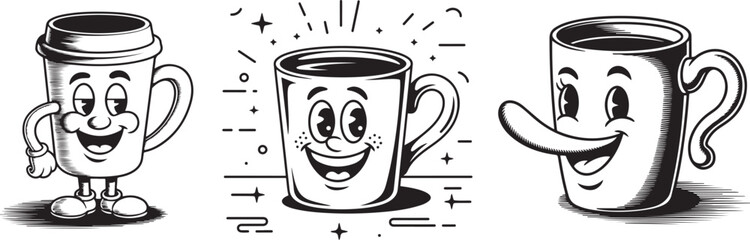 groovy retro coffee mug set cartoon character vector illustration black color	