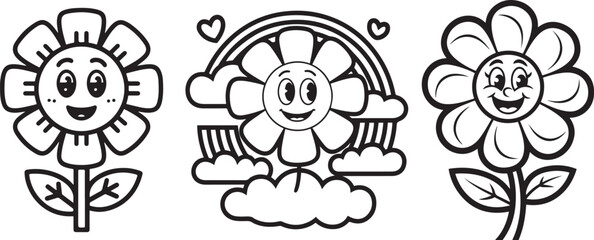 Groovy flower cartoon character set vector illustration black color