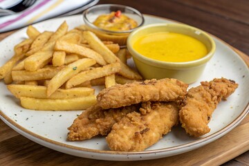 Crispy chicken tenders with french fries and dipping sauces