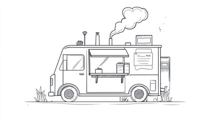 Simple line drawing of a food truck, side view, with a canopy and various items. Smoke rises from the top