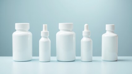 Medical Supplies: White Pill Bottles & Droppers (Variety of Sizes) on Light Blue Background. Healthcare, Medicine, Supplement Concept.