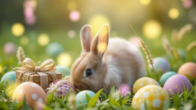 easter bunny rabbit in grass with colored easter eggs gift card background. 4k video 