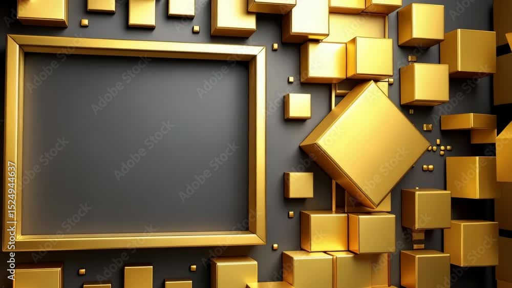 Poster golden frame on gray background surrounded by floating cubes offering space for text, graphics, or p
