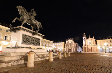equestrian statue and twin Churches in the square called Piazza San Carlo in Turin City in Northern Italy