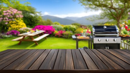Obraz premium Beautiful backyard barbecue setting with grill picnic table and blooming flowers