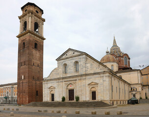 bell tower and ancient Church of Turin City in Italy called DUOMO DI TORINO which houses the Holy Shroud