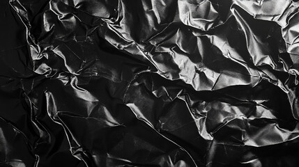 Crumpled black foil texture background with light reflections