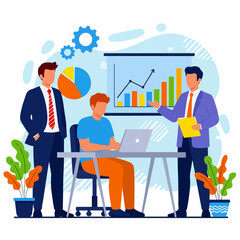 Flat Vector Illustration of Office Teamwork with Laptop and Business Presentation