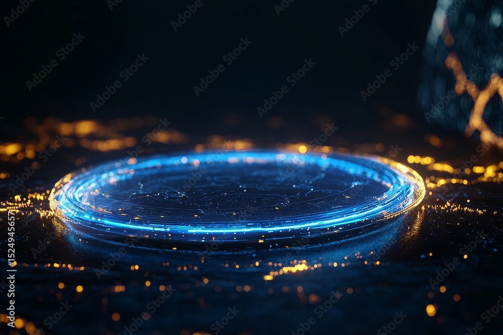 Poster digital technology illustration featuring a glowing circular design with interconnected lines.