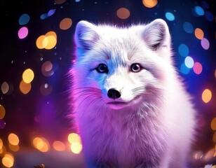 Obraz premium Arctic Fox in a vibrant dreamy atmosphere with colorful flares and sparkling ambient light