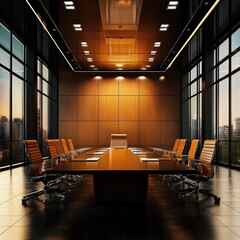 Modern, spacious boardroom with large windows offering city views, a long conference table, and wood paneling