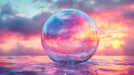 Crystal ball reflecting vibrant sunset over calm water