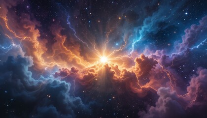 Fototapeta premium Stunning cosmic nebula with vibrant lightning and radiant starburst in deep space atmosphere