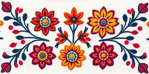 Intricate embroidered ikat floral pattern in Aztec tribal style, white background,  textile,  geometric