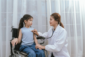 A smiling doctor examines a cute little girl at home, providing gentle care and health advice in a...