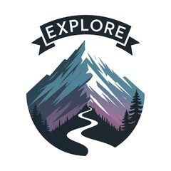 Badge snowcapped mountains with the word explore