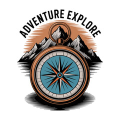 Badge design of Compass in front of mountains.
