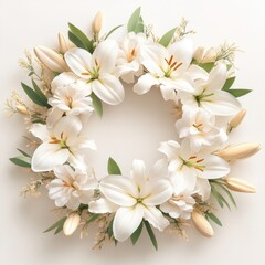 Obraz premium White lilies arranged in a wreath frame, isolate on white background.