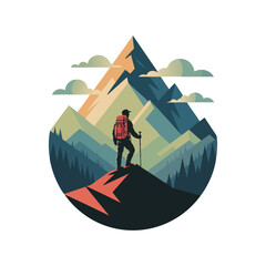 Badge design of Hiker on a mountaintop.