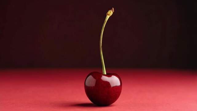 Studio shot featuring a single ripe, glossy, dark red cherry with a long green stem against a rich red backdrop offering a minimalist aesthetic