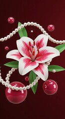 Vibrant Stargazer Lily with Elegant Pearl Accents and Rich Burgundy Swirls on a Black Background, Ideal for Artistic T-Shirt Design, Floral Fashion, and Luxurious Apparel Prints