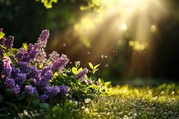 Obraz premium Wildflowers Bloom Under Golden Sunlight in a Serene Forest Setting During the Early Evening Hours.