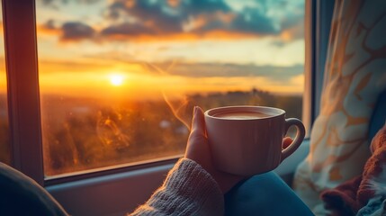 A person enjoying a cup of coffee while watching a beautiful sunrise from a window seat