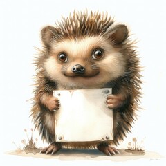A cute hedgehog holds a blank sign. The illustration features soft pastel colors on a white background, resembling a children's book style with whimsical elements.