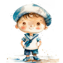 A cute young boy with brown hair wearing a sailor outfit. He has a blue and white cap, a white shirt, and blue shorts. The illustration features soft pastel colors on a white background.