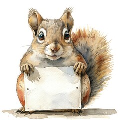 A cute squirrel holds a blank sign. The illustration features soft pastel colors on a white background, resembling a children's book style with whimsical charm.