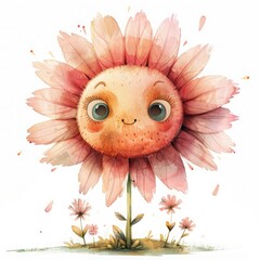 A whimsical flower character with a smiling face and large eyes. The flower has soft pink petals and a round, cheerful center. The background is white with small flowers.