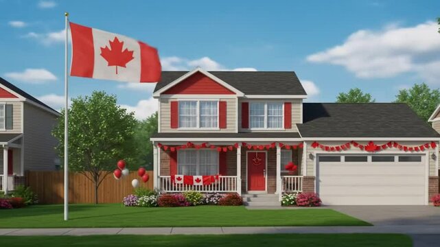 Dekorasi rumah Kanada dengan bendera Kanada untuk hari kemerdekaan