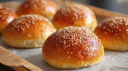 Freshly baked golden sesame seed buns on a parchment-lined tray, showcasing a glossy crust, soft texture, and appetizing homemade appearance in a close-up shot.