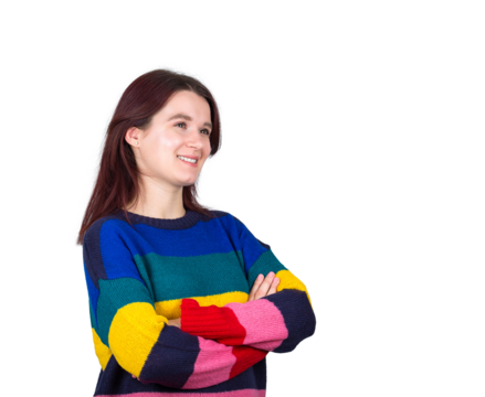 Cheerful confident young woman keeps hands crossed pensive looking away isolated on transparent background