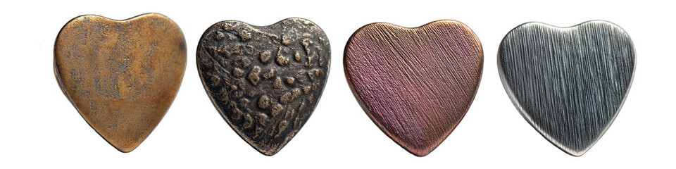Four heart-shaped metal pieces in various tones