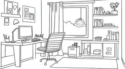 Fototapeta premium Interior sketch of a home office. Cozy workspace with desk, chair, window, and bookshelves